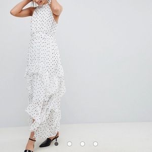 ASOS DESIGN Spot high neck ruffle maxi